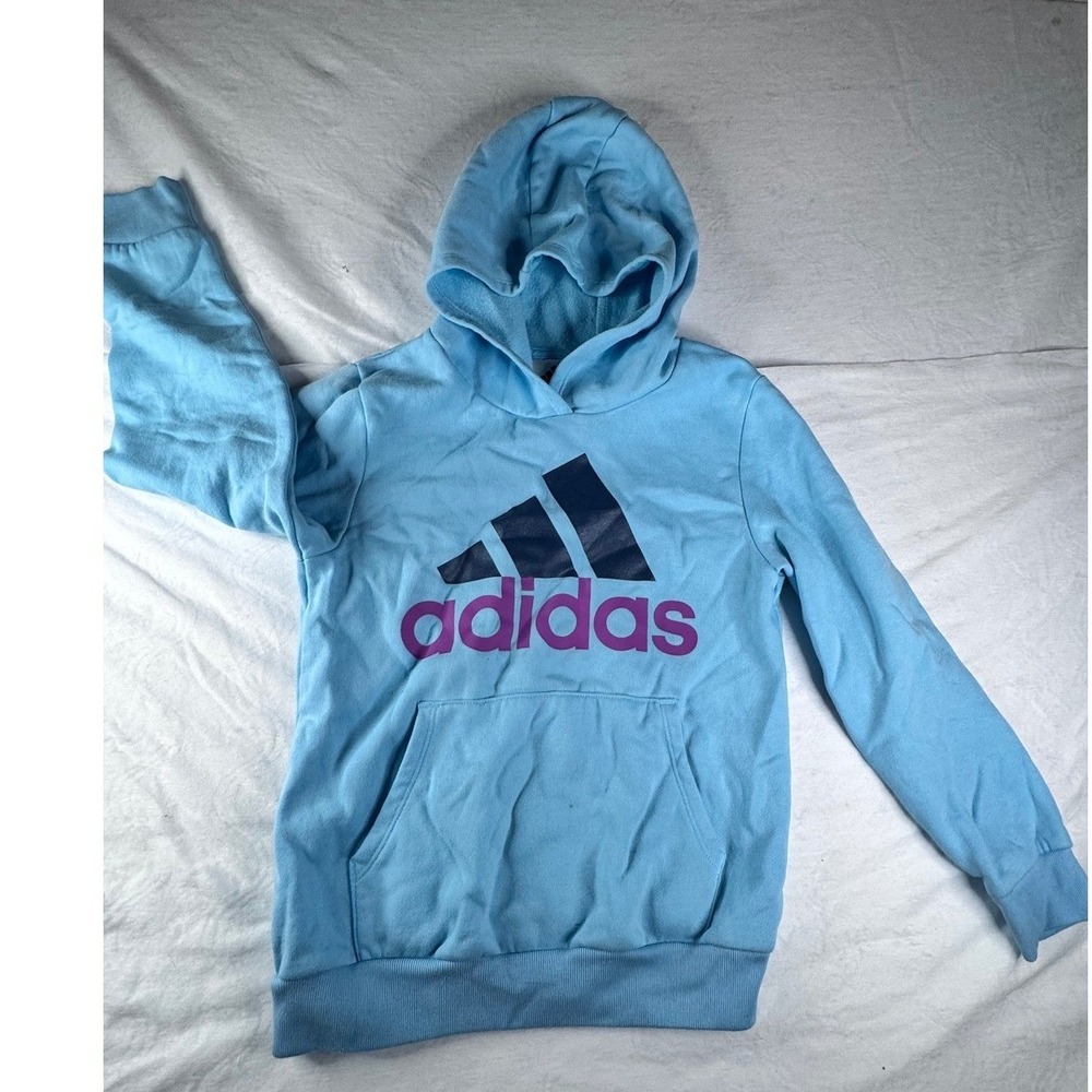 adidas hoodie kids size 7/8 slim fit pullover logo sweatshirt light blue